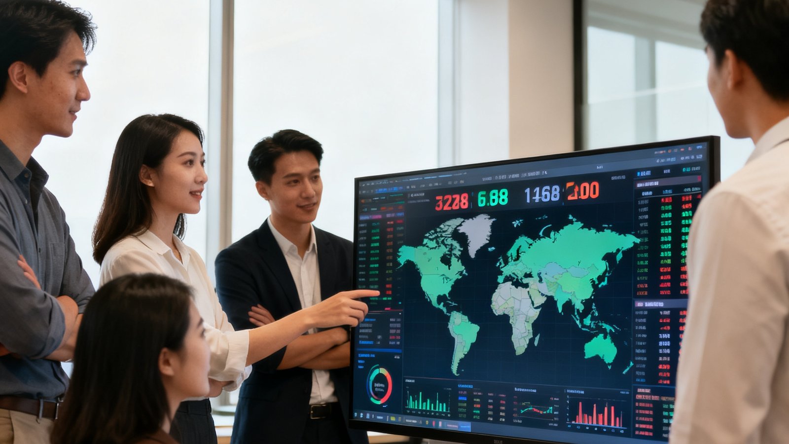 188比分网公司团队合影，办公室内数据大屏实时显示全球比分数据，团队成员正在协作分析